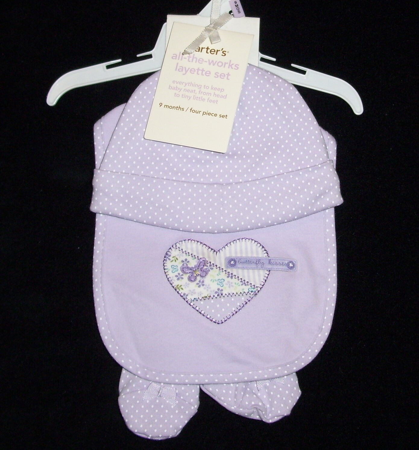 NEW NOS Carters Butterfly Kisses Purple Bib Hat Botties 3 Pc Set Polka Dot 9 Mon