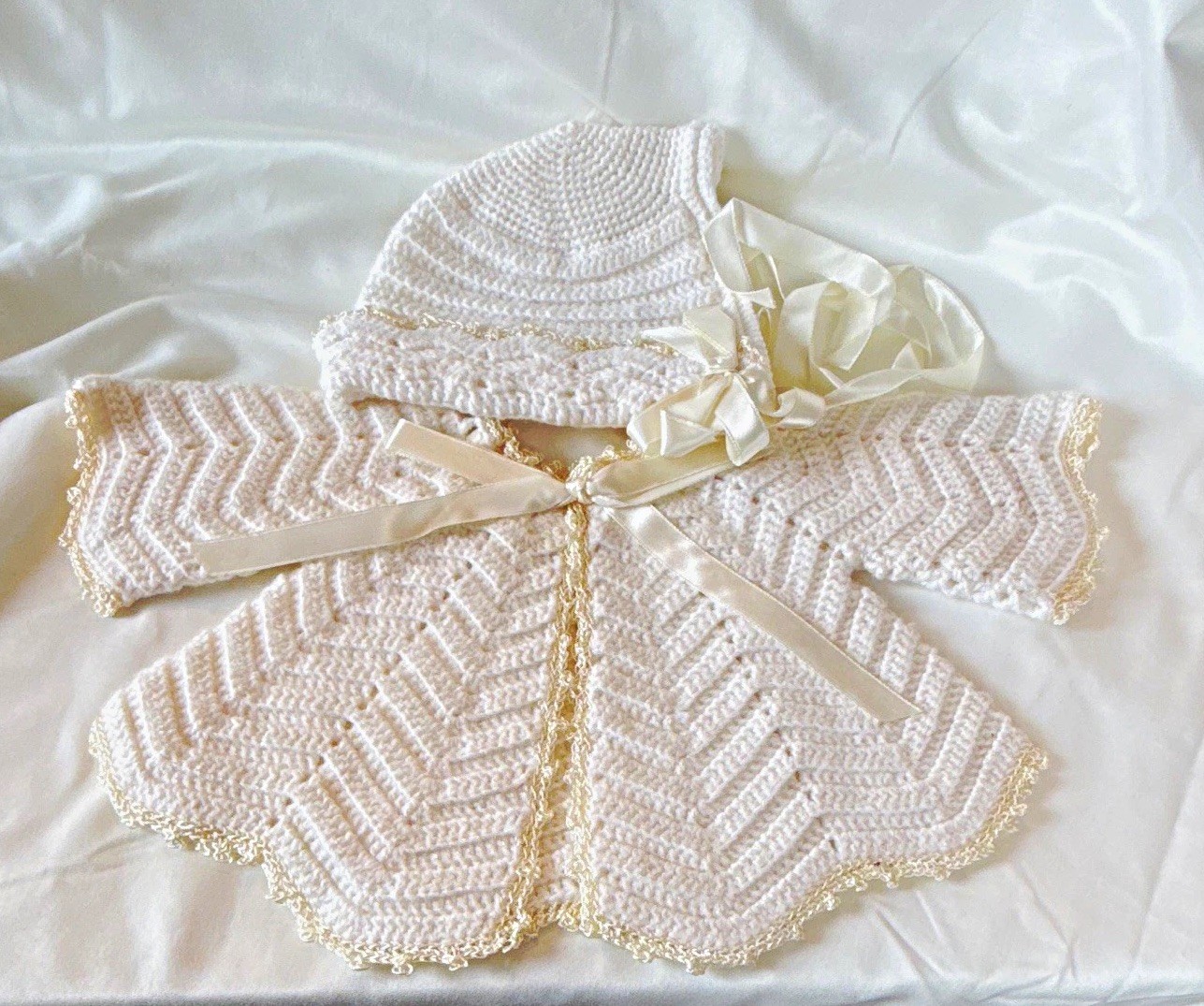 Vintage Handmade Knitted Baby Lot White Sweater Set & Yellow Bonnet Boot Mittens
