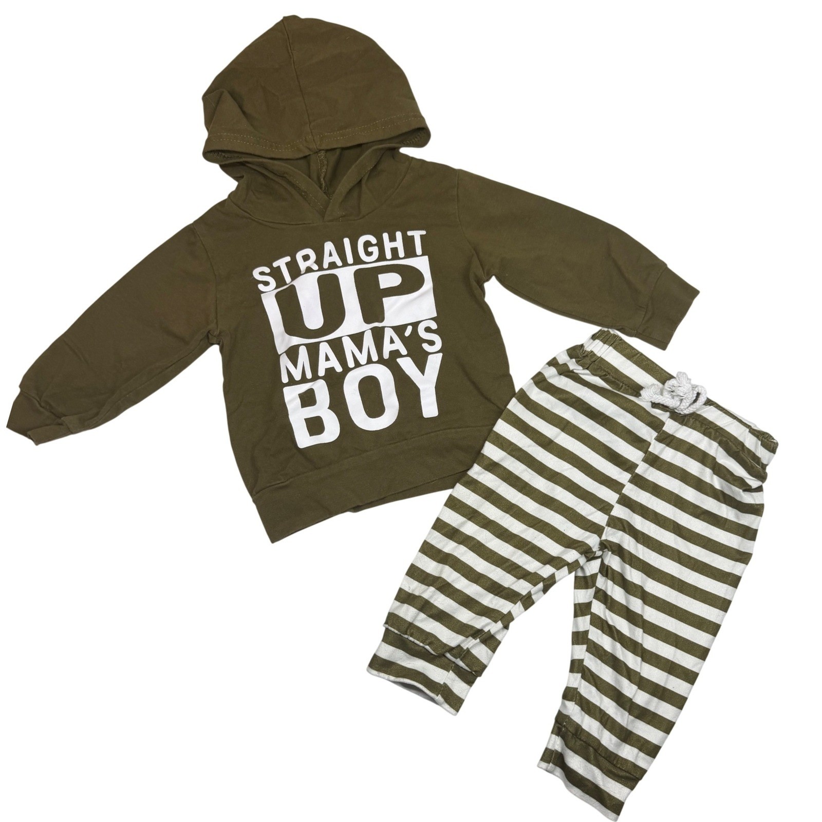 Baby Boy Straight Up Mamas Boy Hoodie Stripe Jogger Matching Set Green 3-6 Month