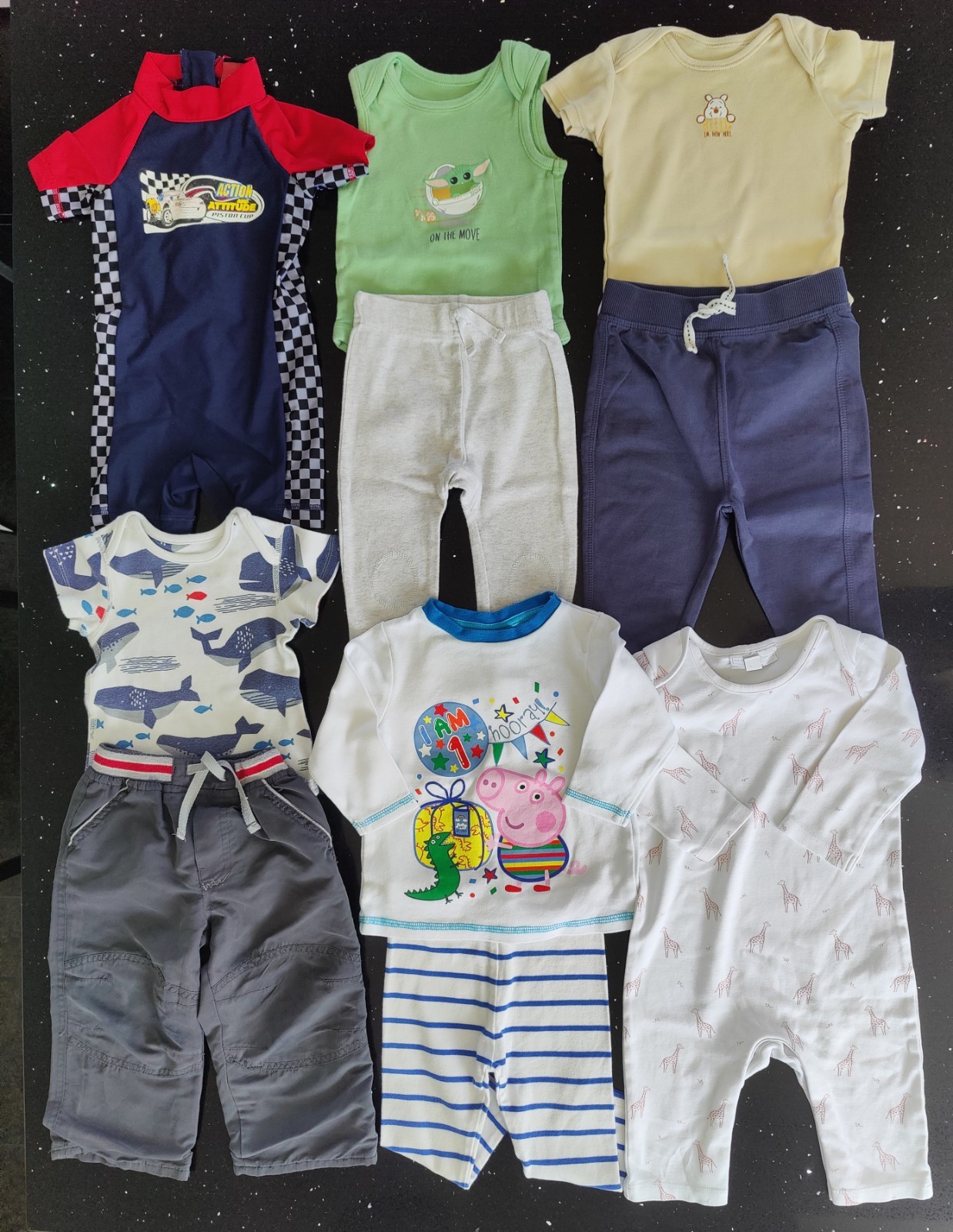 Baby Boy’s 9-12 Month Clothing Bundle -inc Baby Yoda, Peppa Pig & Swimsuit