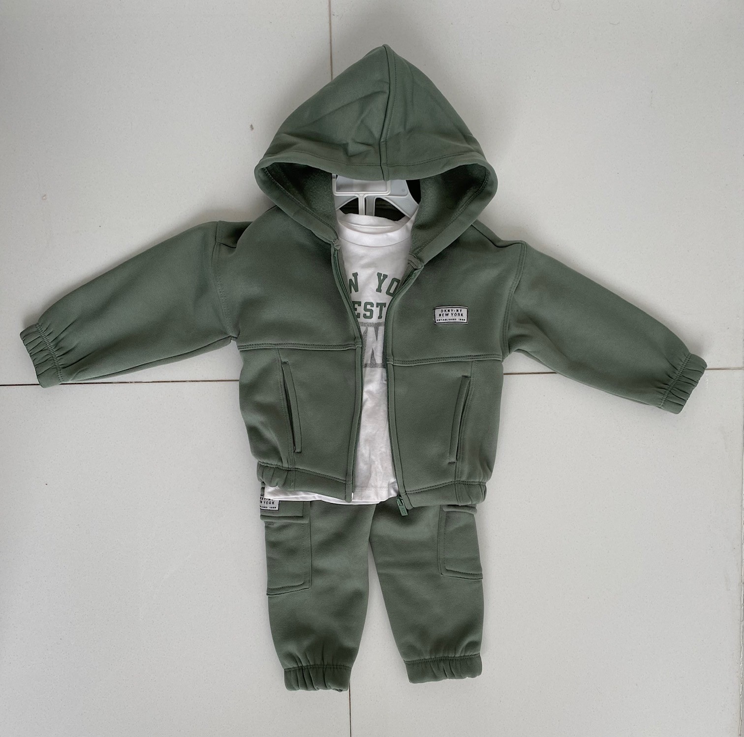 DKNY Girls 2T, Set Of 3, Sage Hoodie Jacket/Sage Pants/White T-shirt