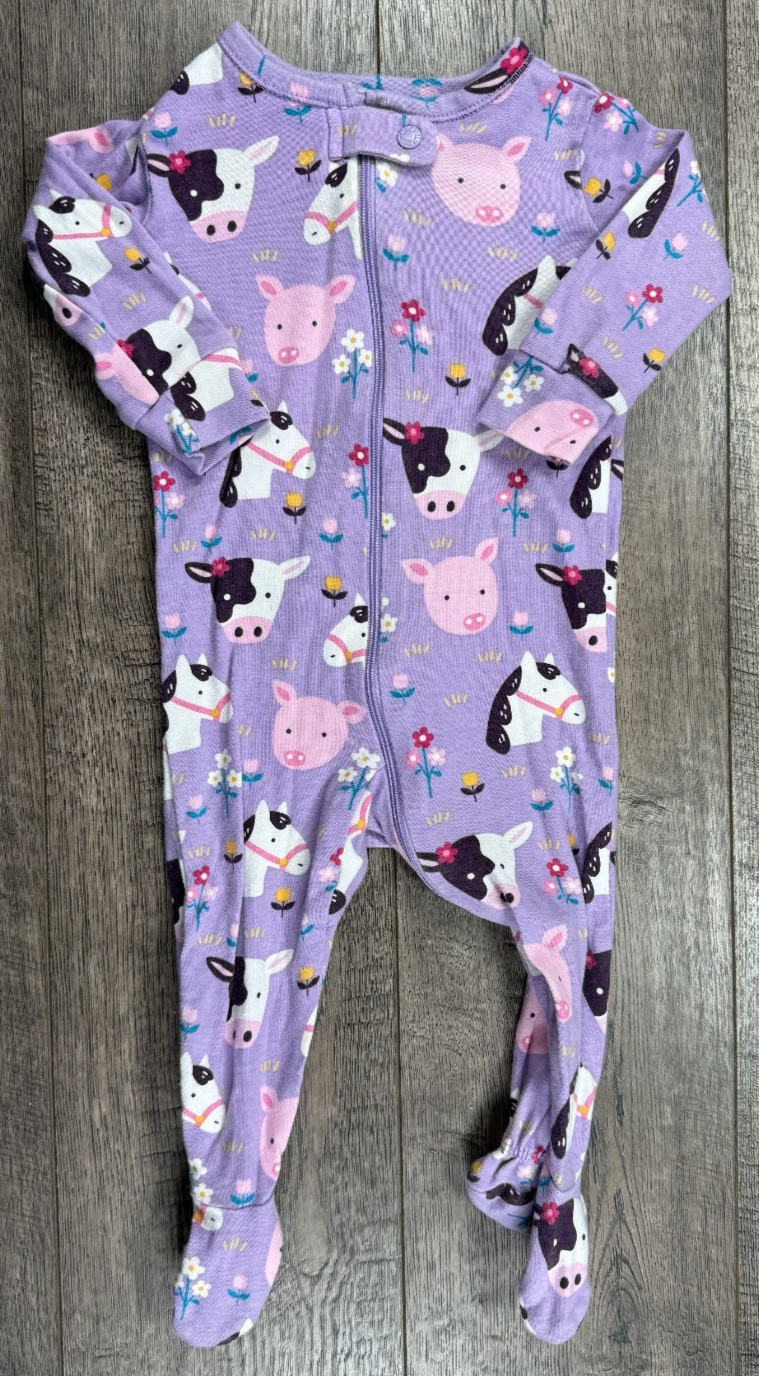 Baby Girl Clothes PJ Place 3-6 Month Purple Cow Pig Horse Footed Outfit