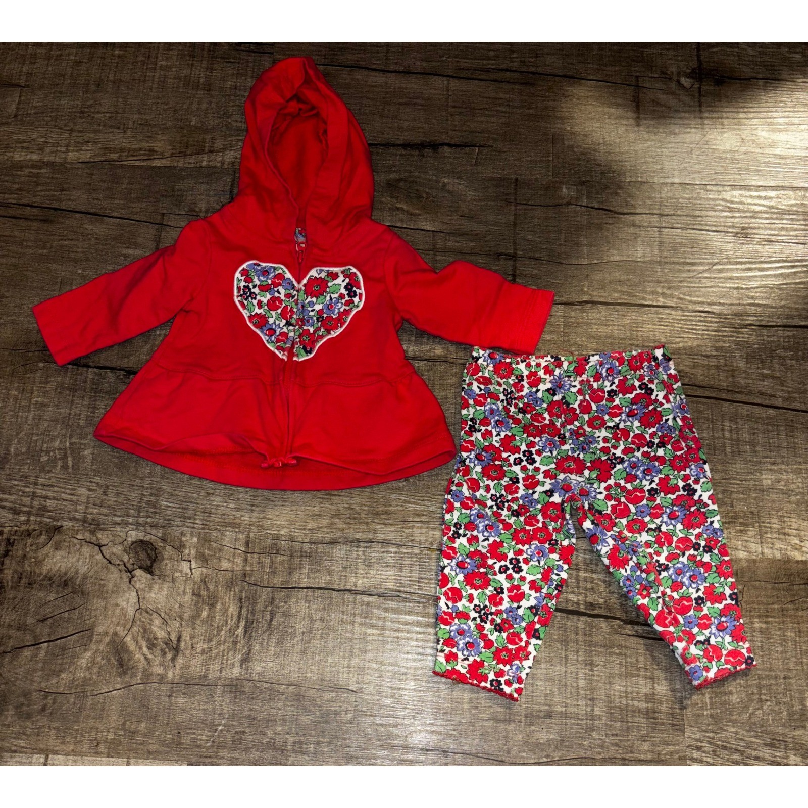 Carters Baby Girls 2 Piece Set Red Floral Heart Hoodie and Leggings 3 Months