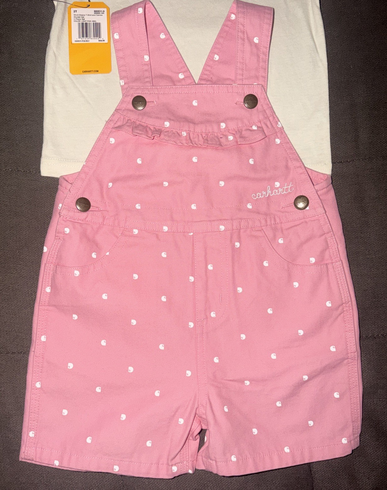 Carhartt💕Girl’s Short-Sleeve T-Shirt C’ Logo Print Canvas Shortalls Set Pink 2T