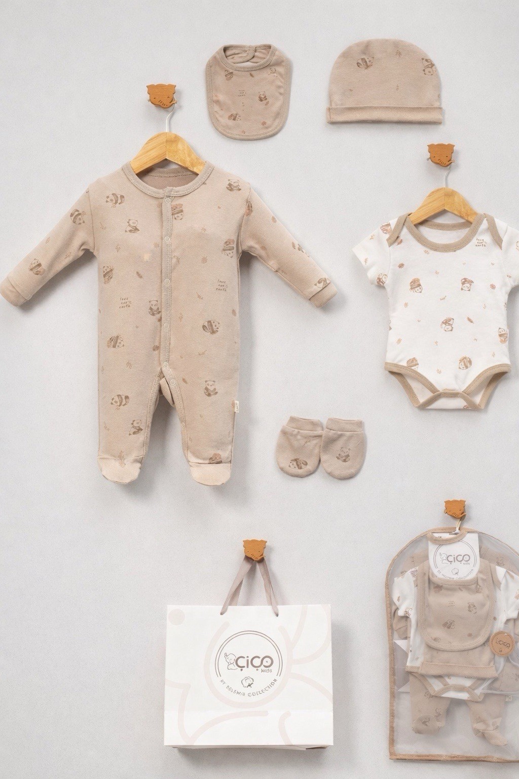Kids Pink/White/Beige Layette Set Bodysuit Hat Bib Pajamas Mittens gift bag