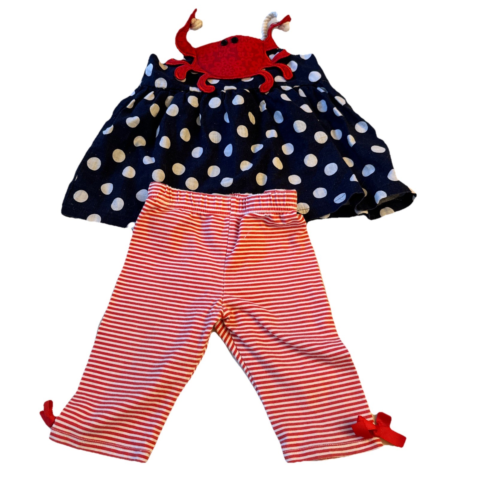 Mud Pie outift 3 T 3T Navy / Red Polka Dot Crab / Rope Style Straps Very Cute