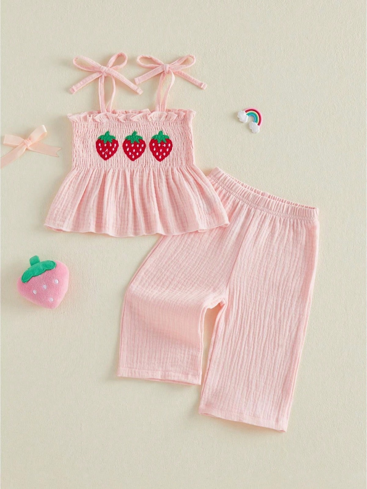 Toddler Girl Smocked Outfit Ladybug Strawberry Embroidery Cami Tops Pants Set