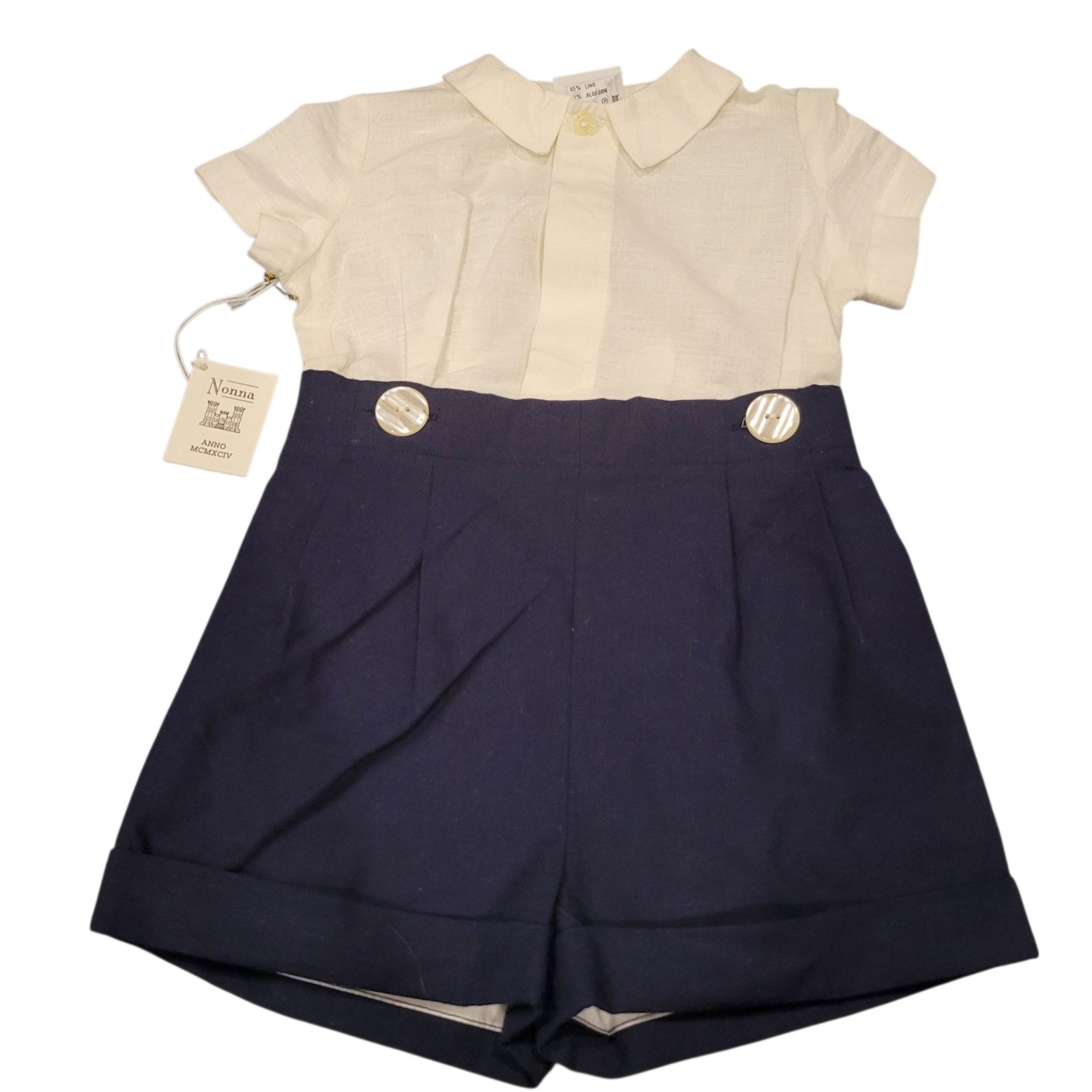 VTG Nonna Busatex Kids 12mo White Linen Blend Top Navy Blue Shorts Jumper C391