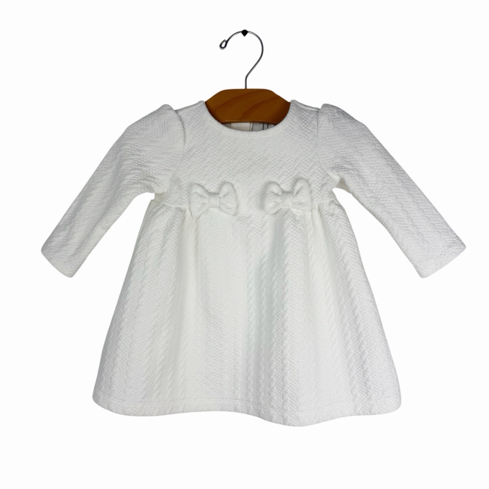 Janie and Jack Baby Bow Jacquard Dress Ivory White Quilted Long Sleeve 6-12 Mo