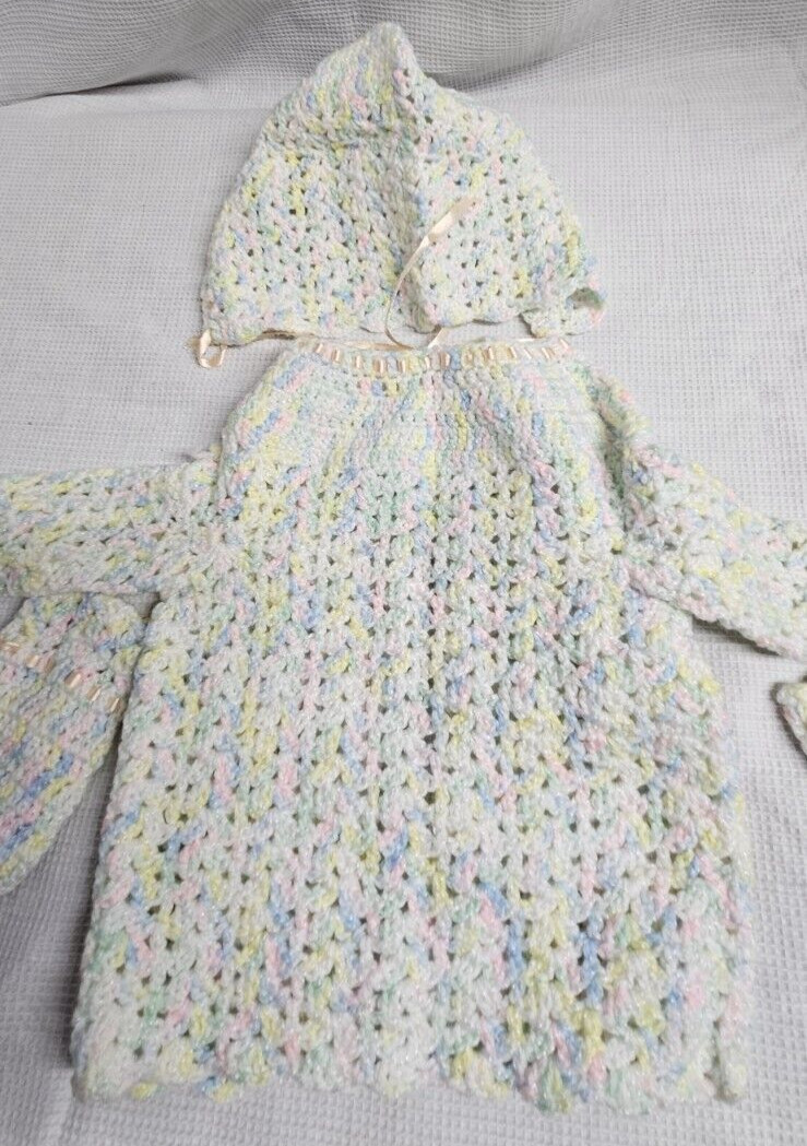 Hand knitted baby crochet sweater + hat+mittens+socks-6pcs 3-6 month