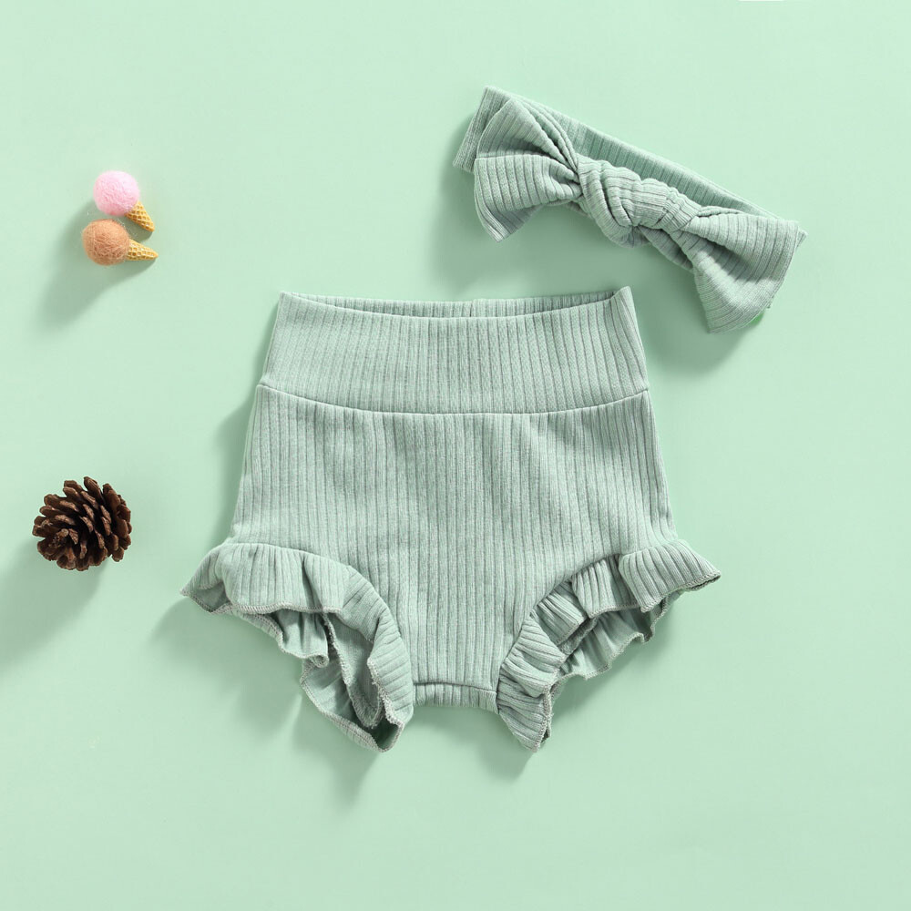 Newborn Infant Baby Girl Ruffle Short Pants Solid Headband Clothes Outfits Set