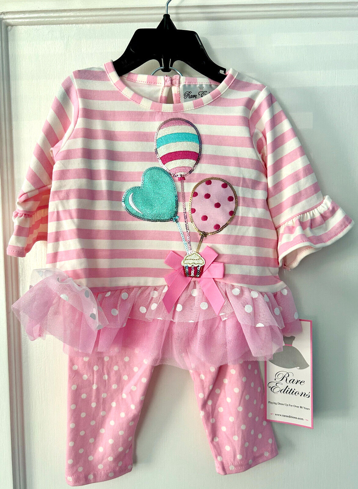 Rare Editions Pink Stripe Ballon 3/4 Sleeve Tunic Top & Dot Leggings 12 Mo-NWT