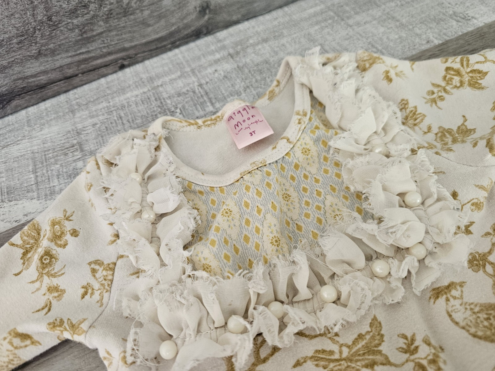 Giggle Moon Ruffle Top 3T Gold Green Birds Spring Toddler Girl