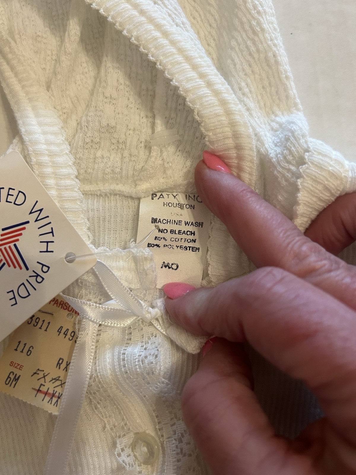Vtg Paty Baby Gown White Size 6 Months Lace Knit Ribbon Tie Hooded USA NOS