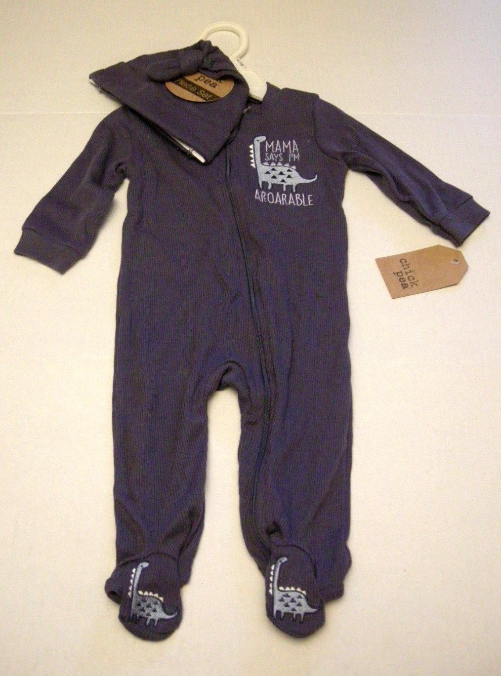 Chick Pea Sleeper & Cap Set, Boy, 0-3 Months, Blue. Dinosaur Design, Brand New