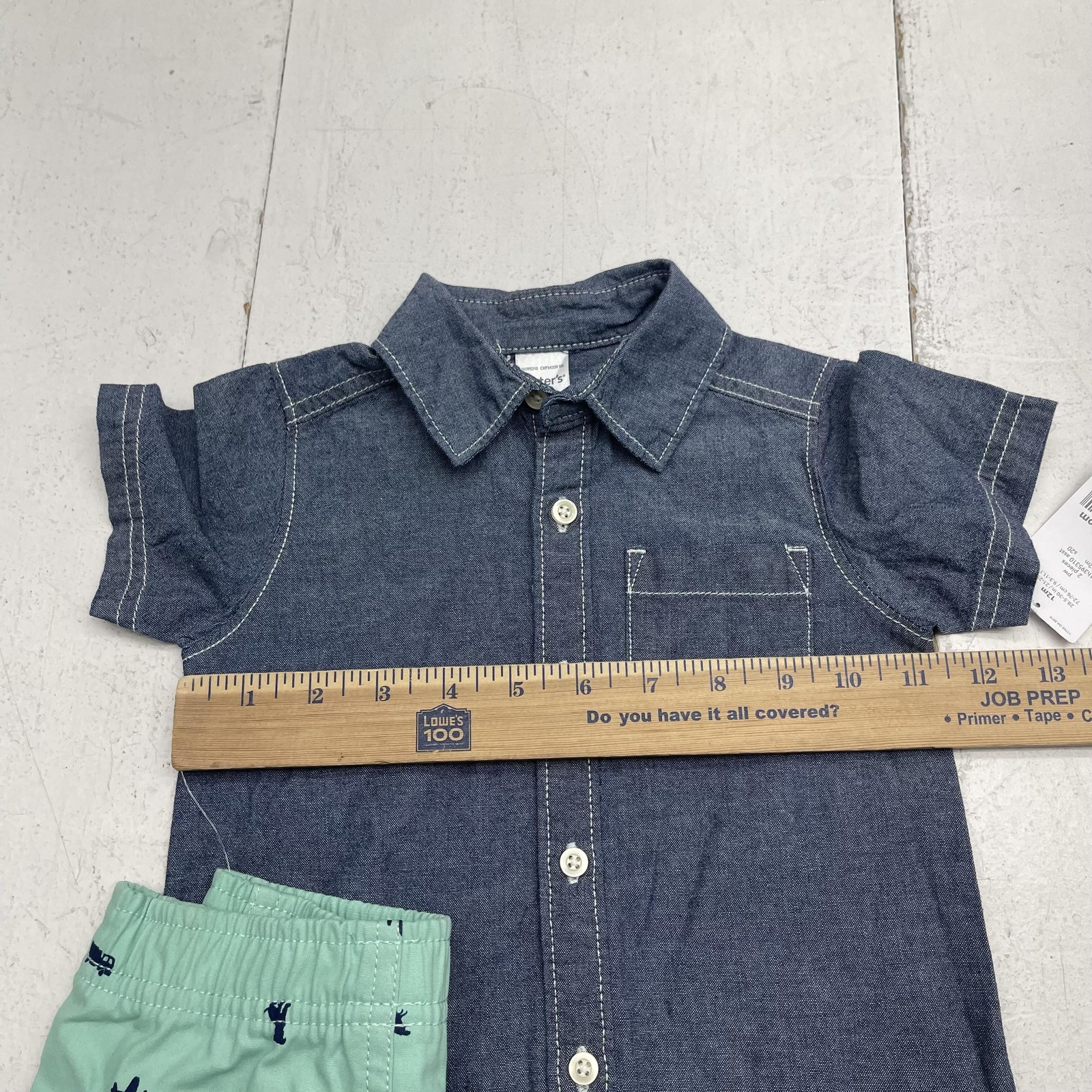 Carter’s Shirt Shorts Set Baby Boys 9-12M Blue Chambray Dino Transport 2 Piece