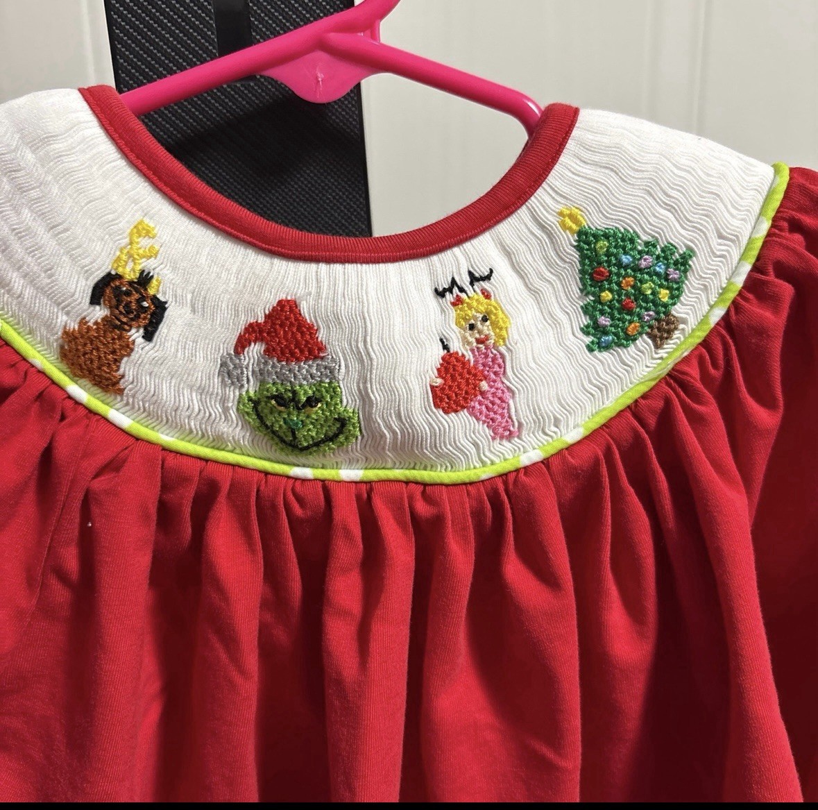 Saving Grace Girls 12M 2pc Grinch Christmas Embroidered Top Polka Dot Pants