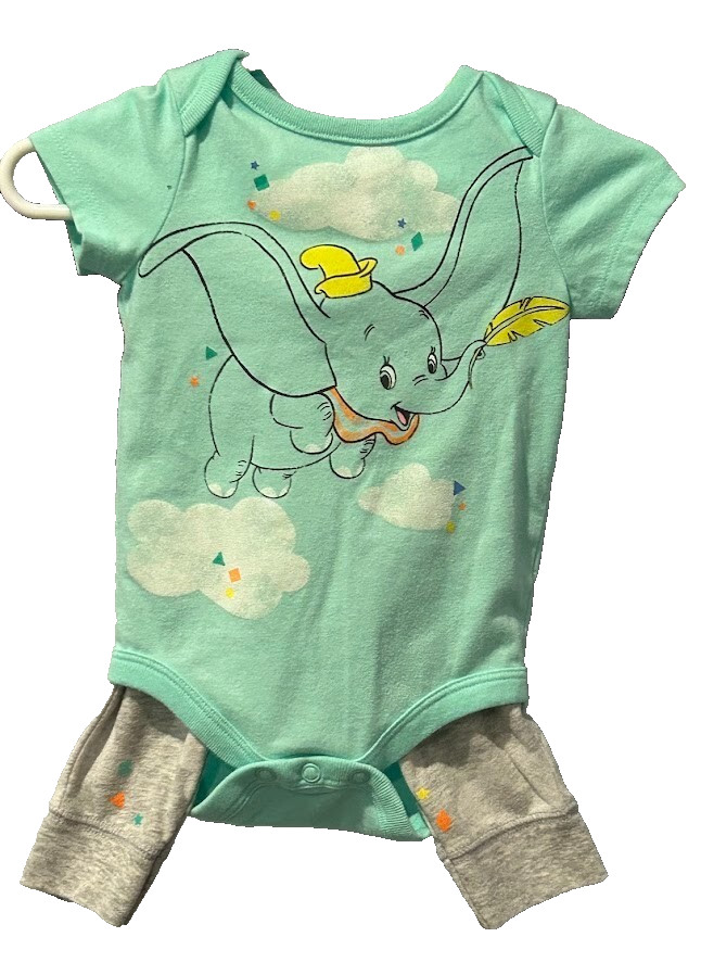 Dumbo Graphic Print Disney Baby Outfit Set One Piece Pant Hat Infant Sz 3 Mo