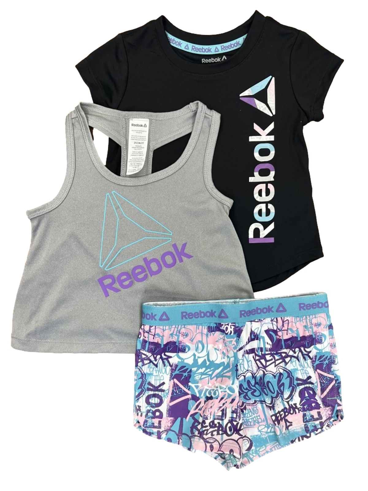 Reebok Toddler Girls Purple & Blue 3pc T-Shirt Tank Top & Shorts Set