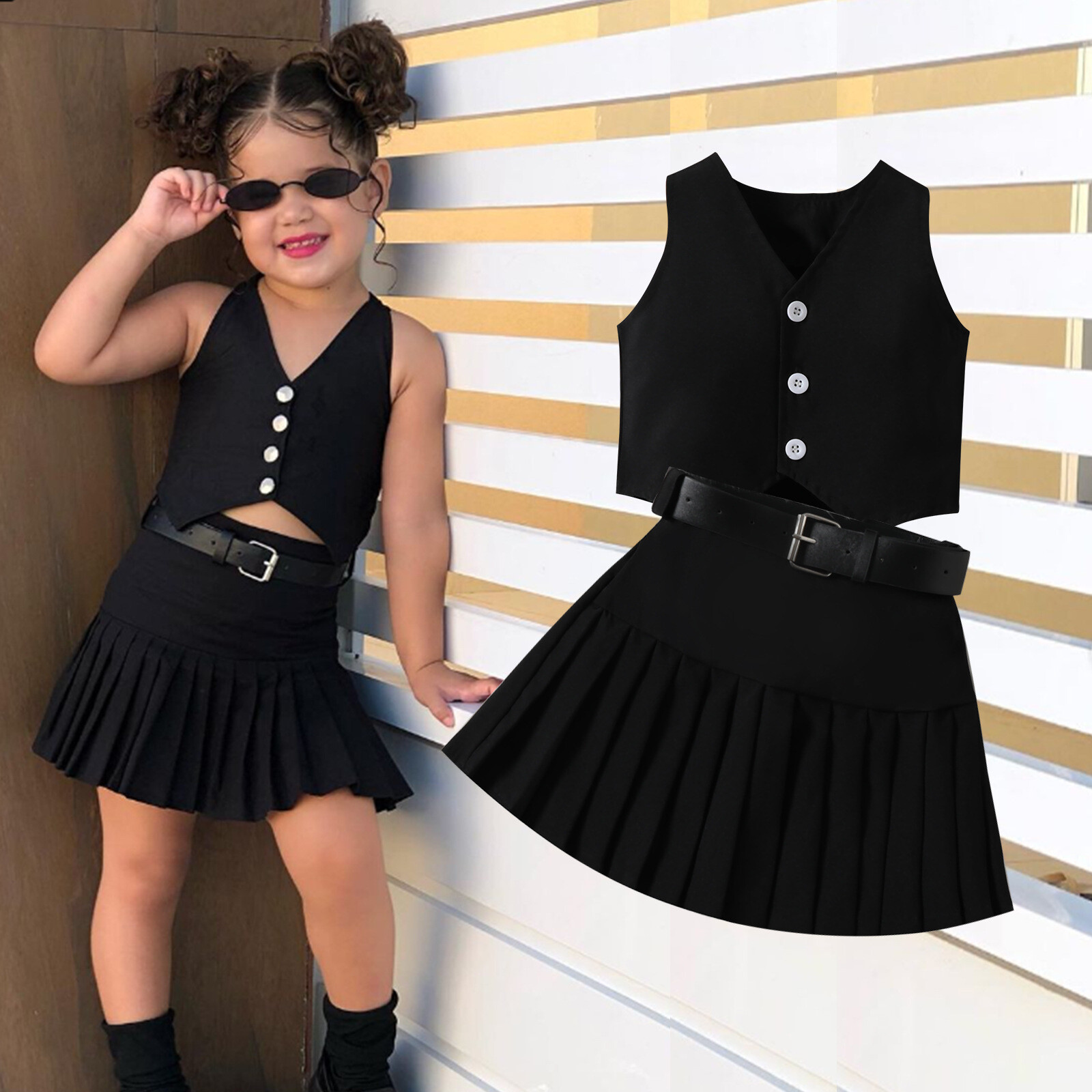 3pcs Toddler Baby Girls Sleeveless Vest tops pleated skirt Belt Kids Clothes Set