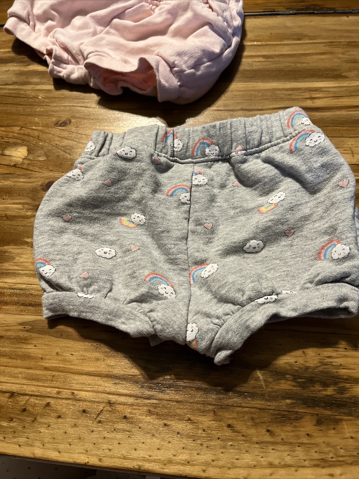 Carter’s 2 Pair Pull On W/Pockets Shorts Pink & Gray W Clouds & Rainbow Sz 12M
