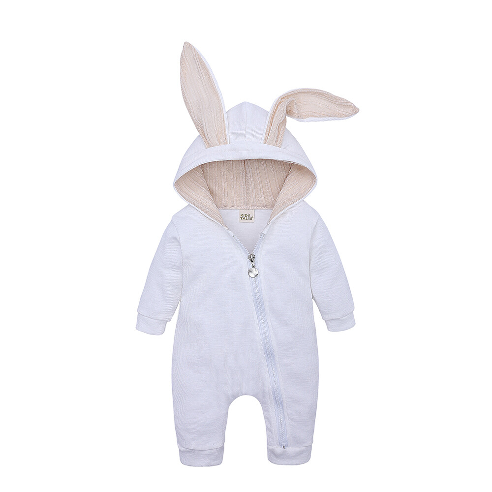 Newborn Infant Bunny Ear Hooded Jumpsuit Cute Babywear Easter Bunny Romper-White