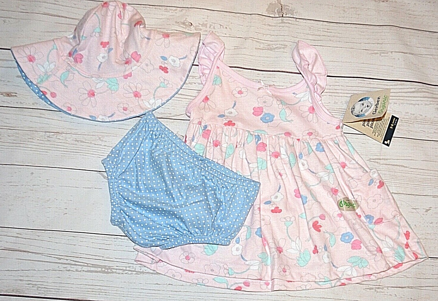3 PCS GERBER ORGANIC COTTON BABY GIRL OUTFIT SET 3 – 6 MONTHS PINK DRESS SUN CAP