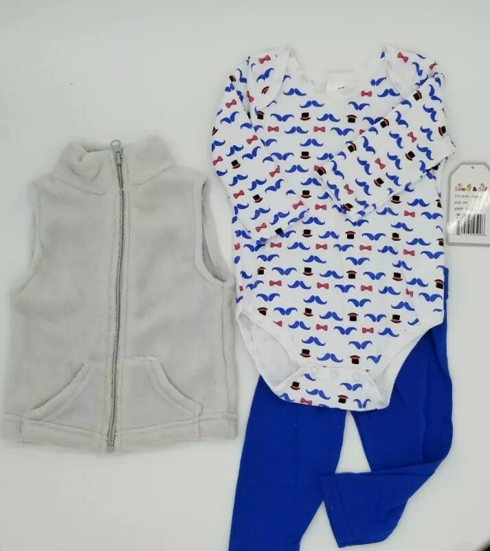 Sz 6Mo Sweet & Soft Baby Boy Gentleman Mustache Hat BowTie Print Outfit 3PC Set