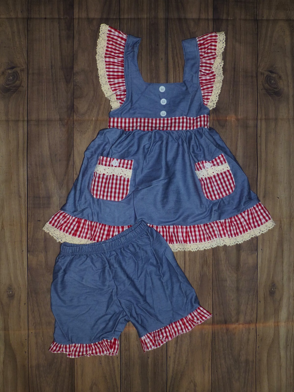 NEW Boutique Girls Blue Red Gingham Trim Tunic & Shorts Outfit 4th of July