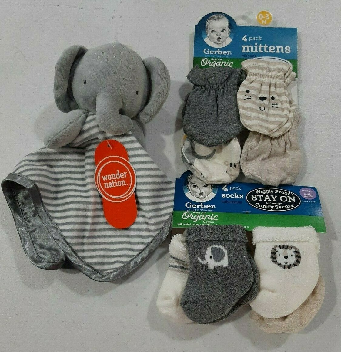 Gerber Baby Boys 9 Piece Accessories Gift Set NEW Safari Socks Mittens Toy Cute