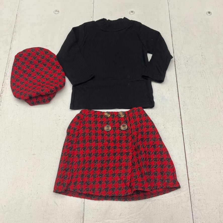Red & Black Plaid 3 Piece Long Sleeve Skirt Set Girls Size 12-18 Months NEW