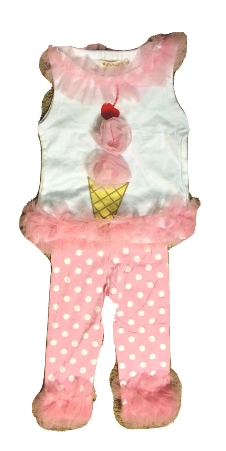 Girls Ice Cream Tunic & Ruffle Pink Dots Legging Birthday Party Outfit 2T 3T 4T