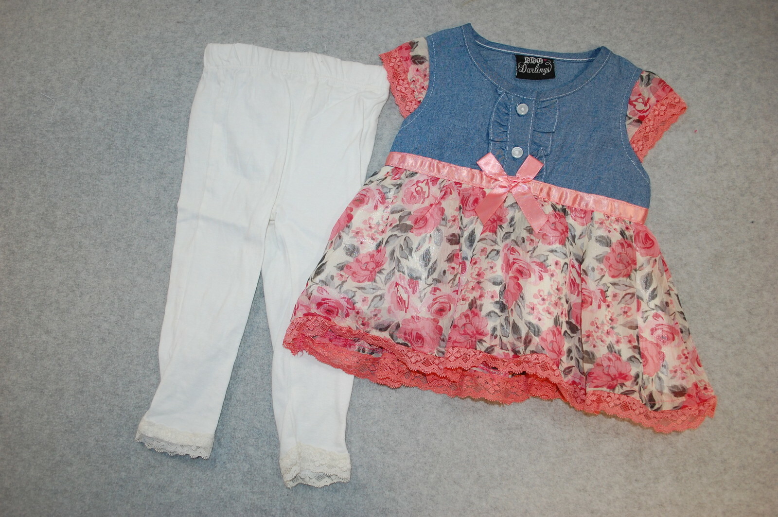 Baby Girls DENIM & CHIFFON TOP Blue Mauve Gray FLOWERS White Leggings 12 MO