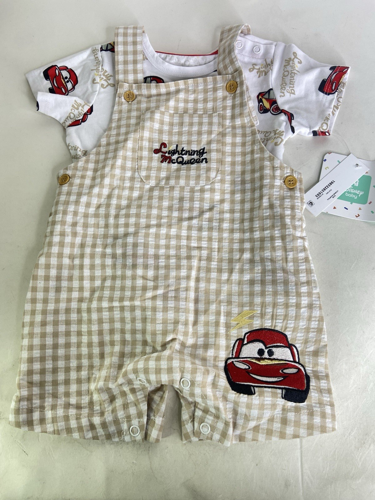 Disney Cars Lightning McQueen 2 Piece Shortall Set Outfit Baby Boy 6-9 Months