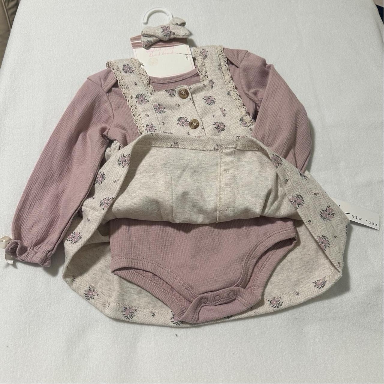 Nicole Miller NY Purple Floral Dress Set 3Pc Long Sleeve Bodysuit Headband 24M