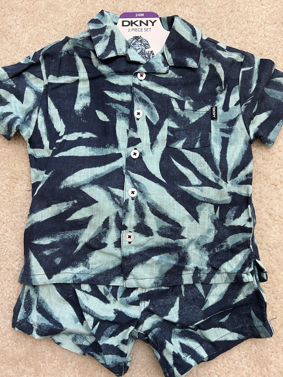 New DKNY Boys Button Down Shirt Shorts Blue Palm Trees 2-Piece Cabana Set 24M