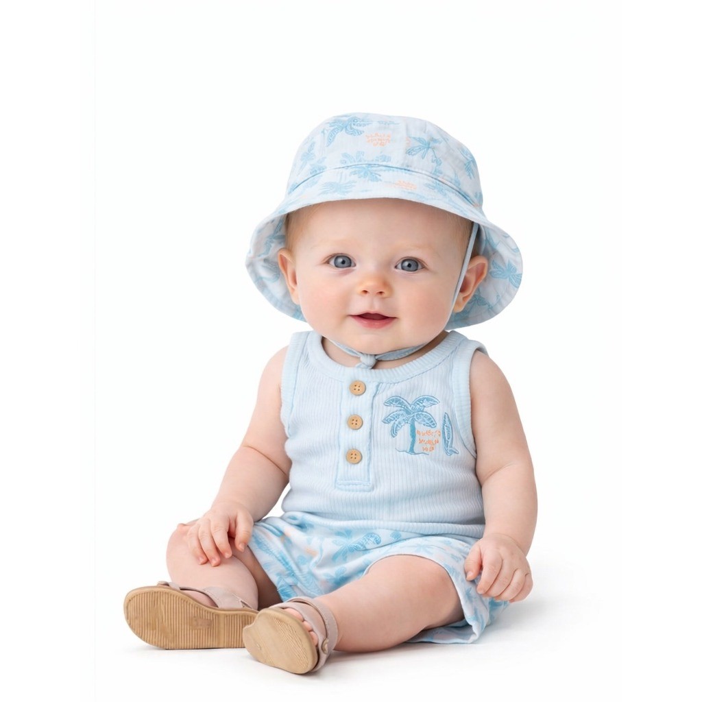 CHICKPEA 3 Piece Palm Tree Tank Shorts Hat Set 0-3M Blue Tropical NWT
