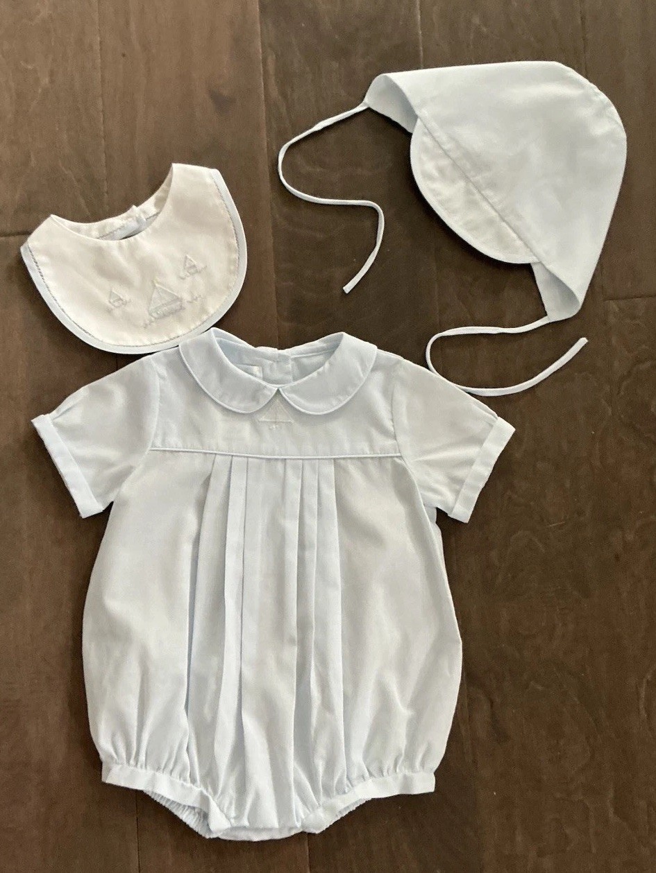 PETIT AMI-Newborn-Baby Boy Romper, Hat, Embroidered Bib-Blue-3-Pc.Set-Sailboats