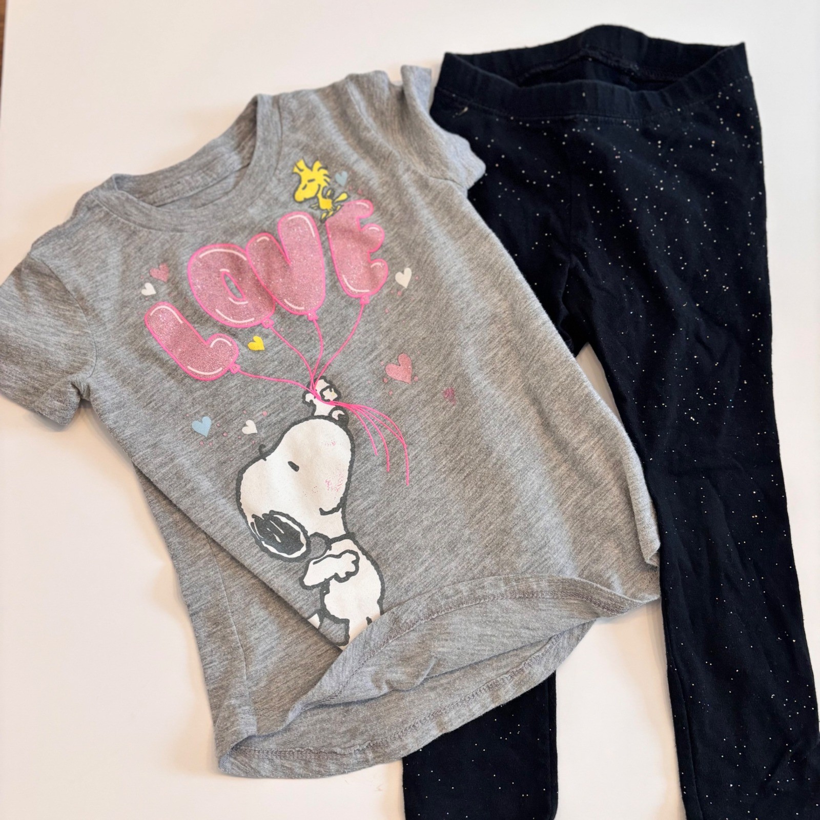 Snoopy Love T-Shirt & Cat Jack Glitter Leggings Set Toddler Girls Outfit Spring