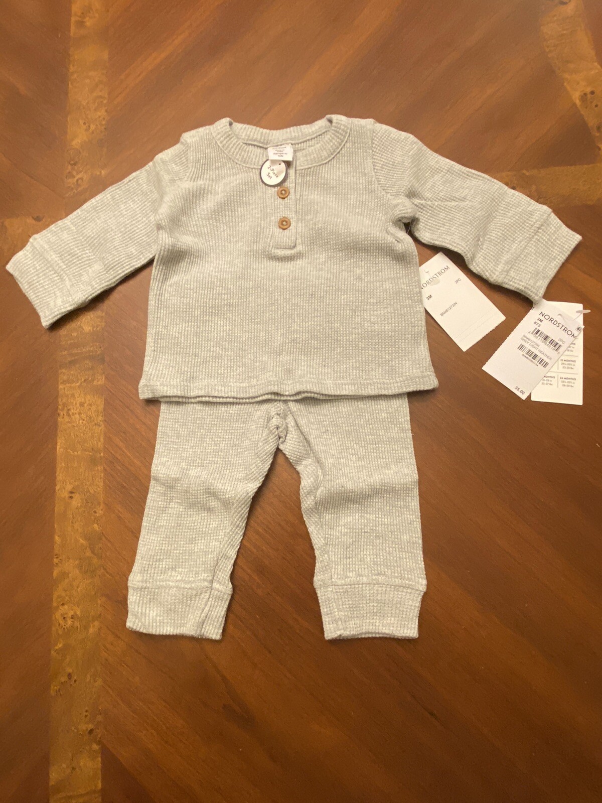 Nordstrom Henley Waffle Knit Top & Pants Set 3Months Grey Light Heather 10-14lbs