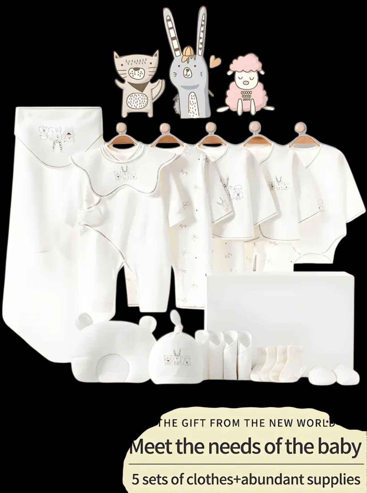 White Animal Print Layette Set 5 Piece Unisex Baby Hat Socks Blanket