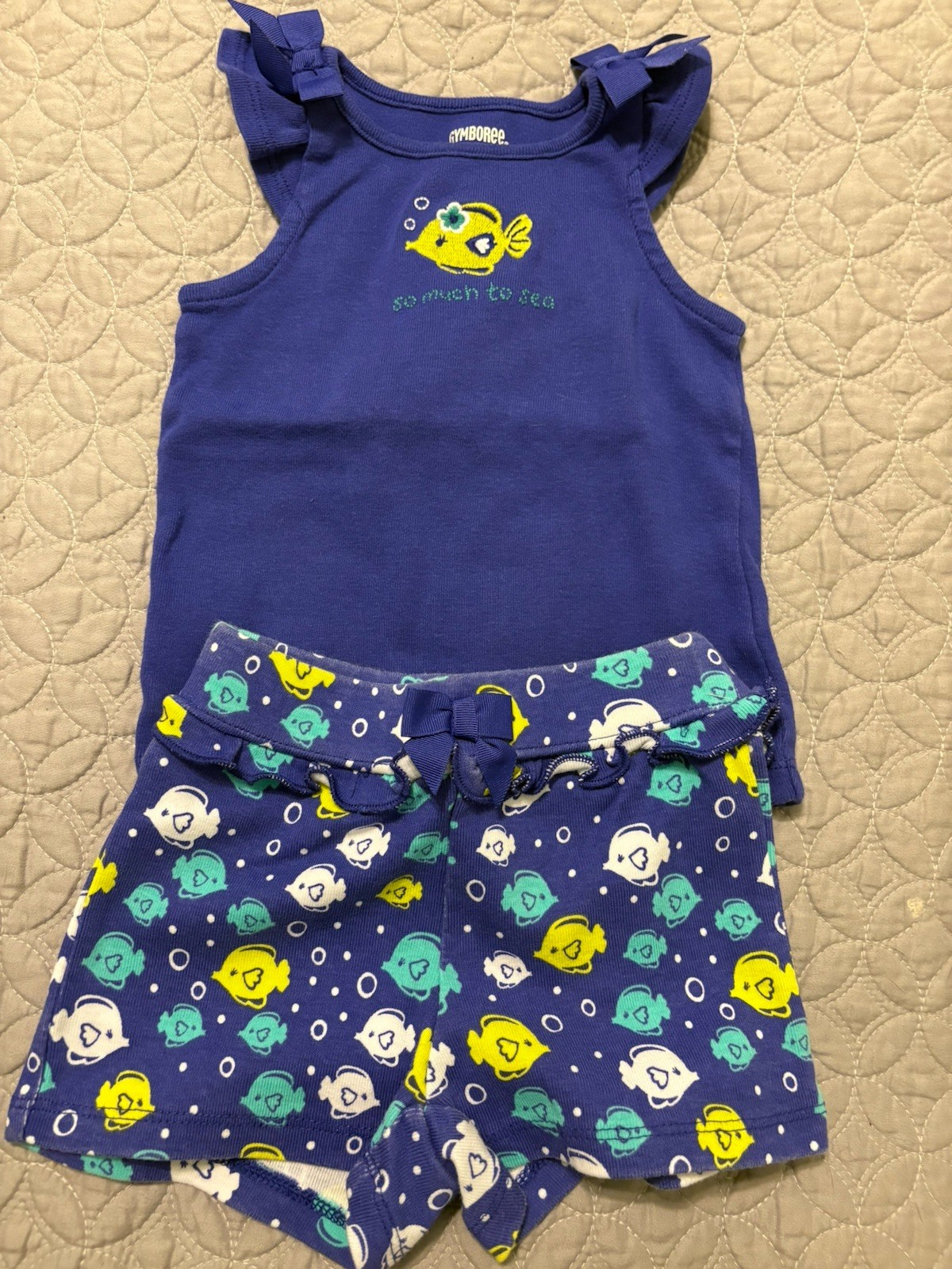 Vtg 2014 Gymboree Girls Sz12-18M Blue, Green & White Tank Top Fish & Fish Shorts