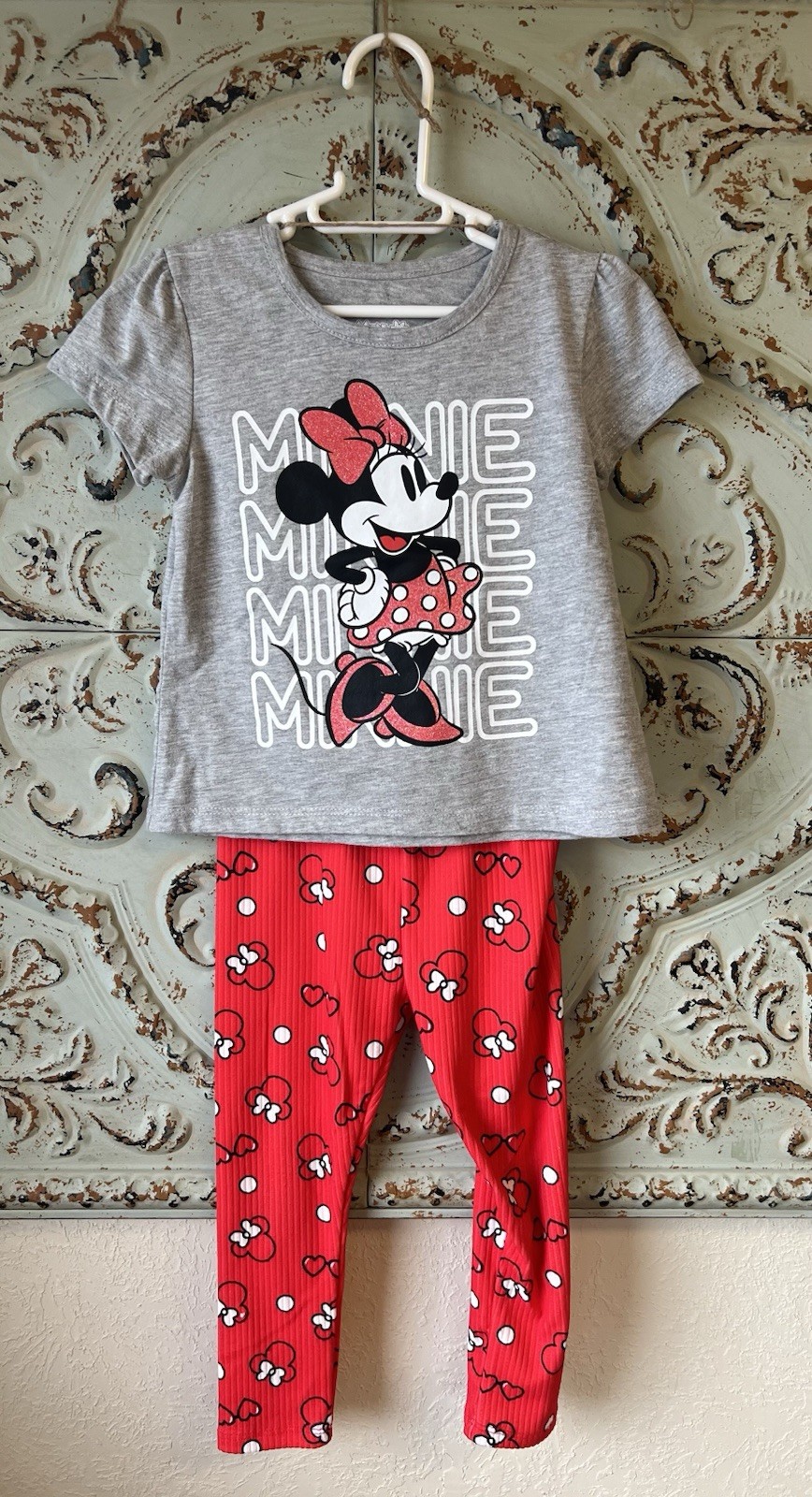 Disney Junior Minnie 2 piece oufit set t-shirt leggings girls 4T red