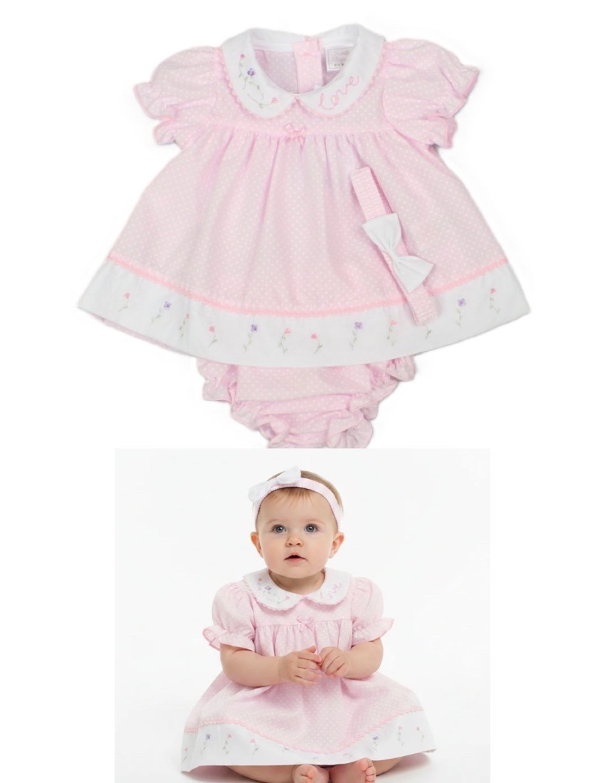 Baby Girl Dress 3 Pcs Pink Polka Dot Embroidered Set Knickers Headband NB-0-3m