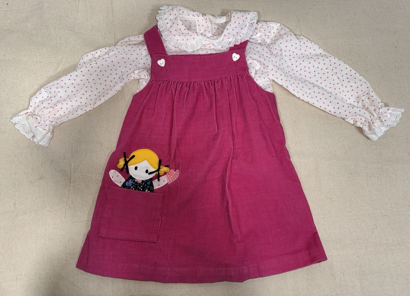 Vintage Pink Corduroy Jumper Dress Set Heart Shirt Girls 4 Overalls Embroidered