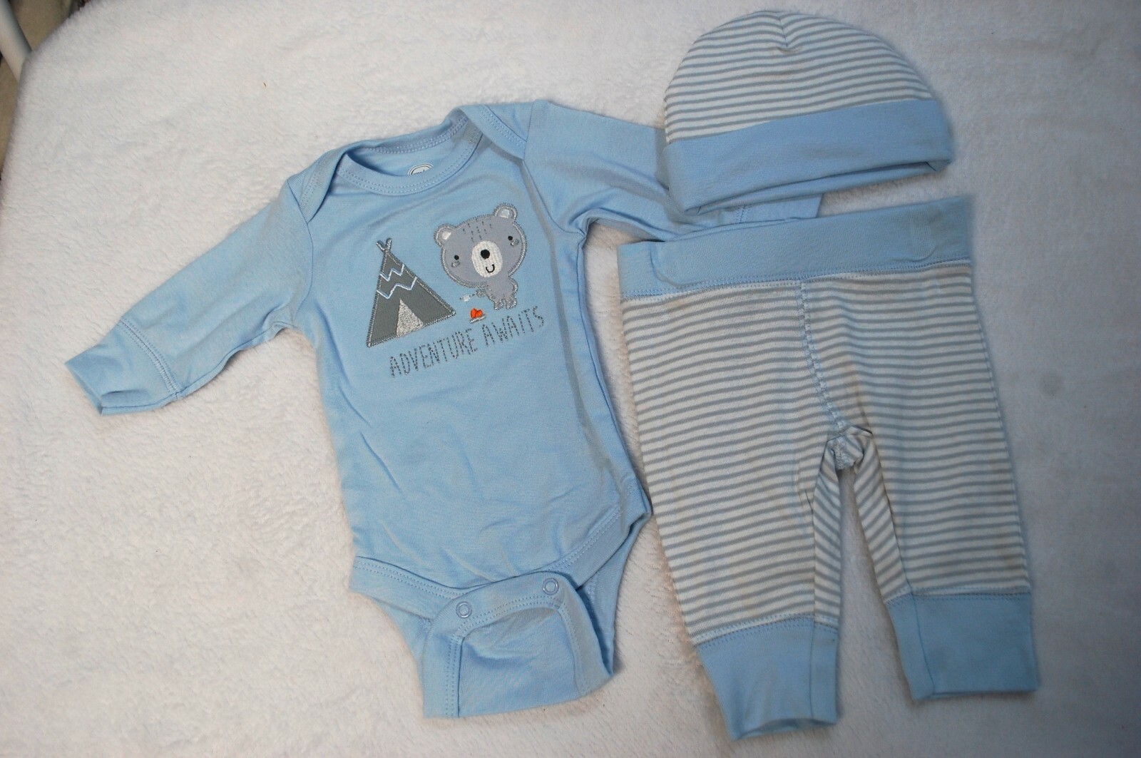 Baby Boys L/S Shirt ADVENTURE AWAITS Blue BEAR TENT Gray Stripe Pants Hat 0-3 MO