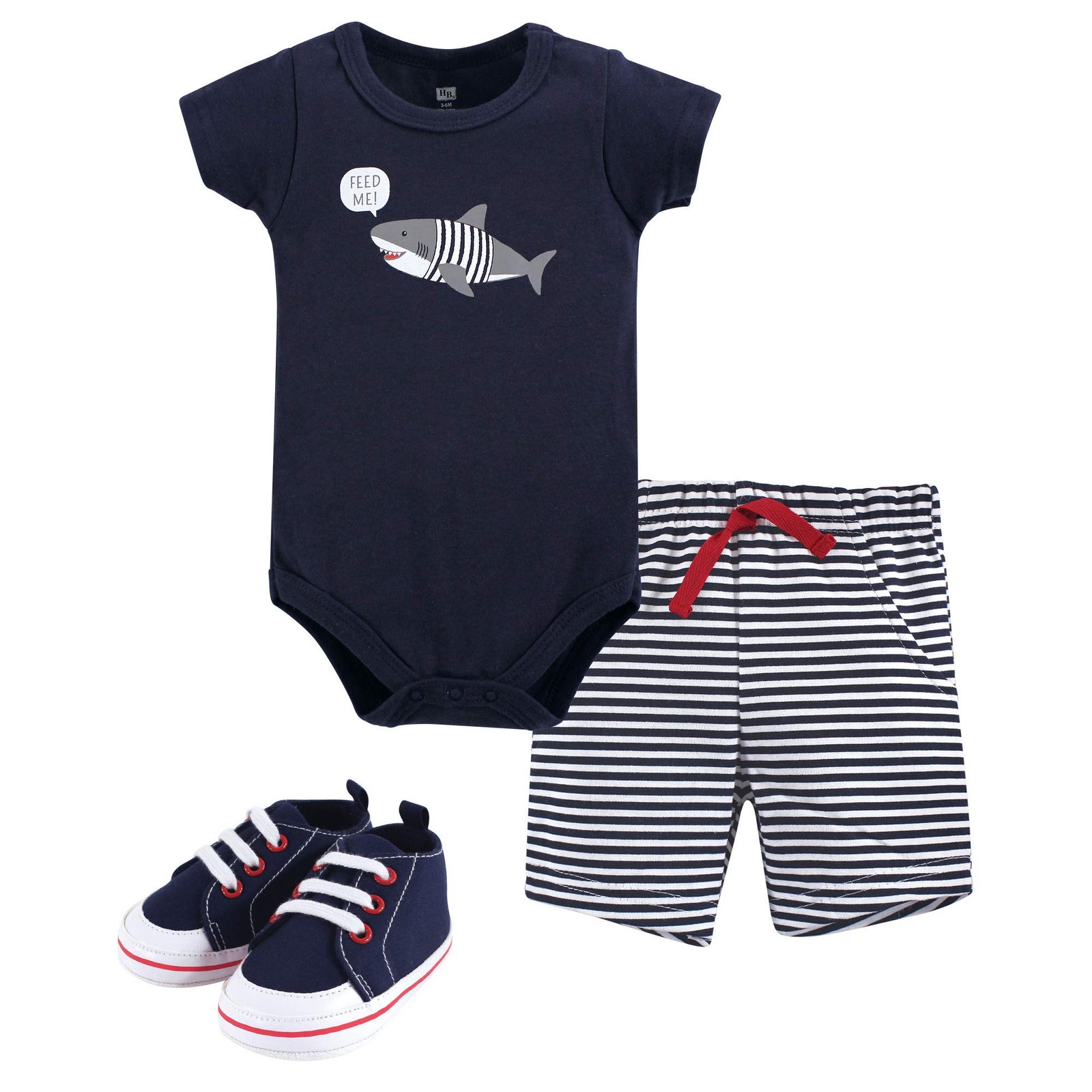 Hudson Baby Unisex Baby Cotton Bodysuit, Shorts and Shoe Set, Blue Shark, 121…