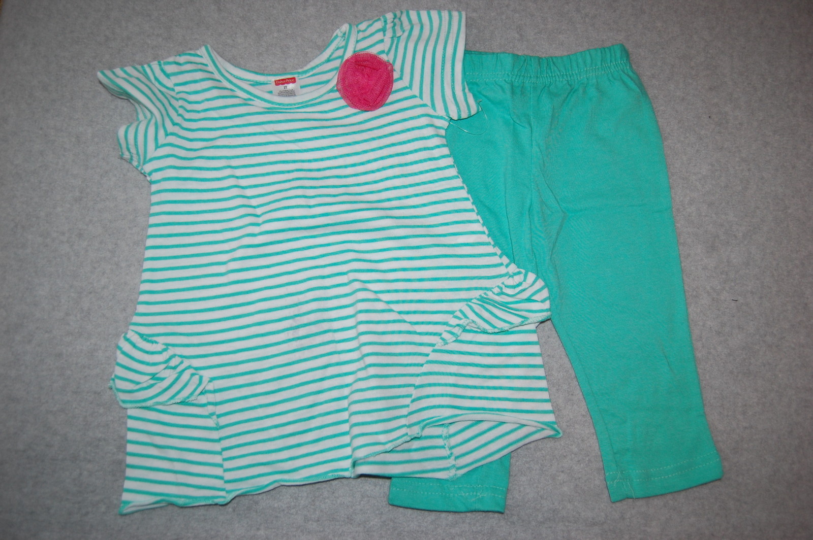 Toddler Girls Outfit MINT GREEN WHITE STRIPE DRESS Rosette PINK ROSE Leggings 2T
