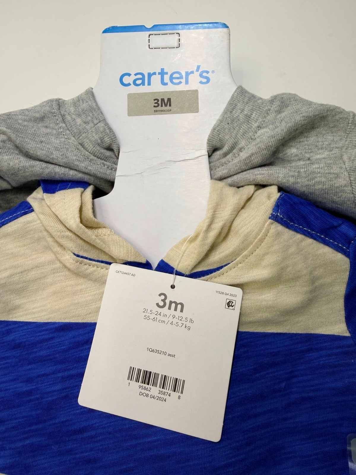 NEW Carter’s 3 Piece Set: Blue/Cream Hooded Shirt, Brown Shorts, Gray T shirt 3M