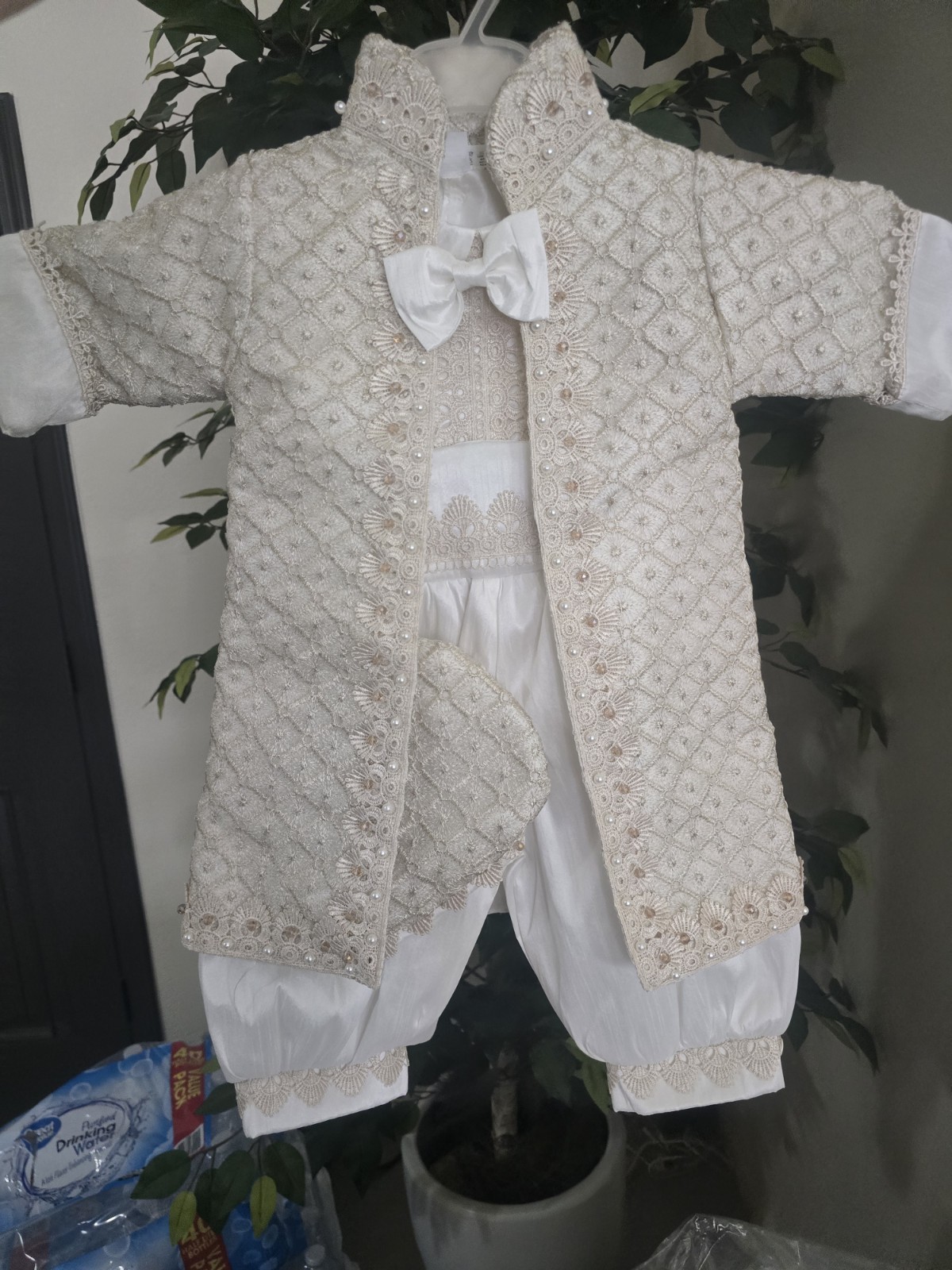 Baptism, Boys Ivory/White Christening Bodysuit Set Jacket Pants Bow Tie Hat Lace